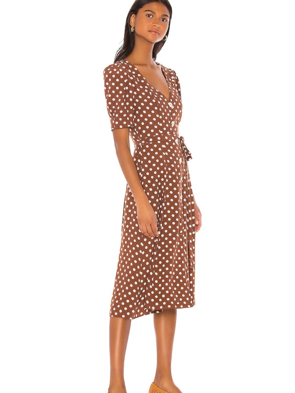NEVER WORN**LPA Brown and White Polka Dot Wrap Midi Dress - Picture 2 of 13